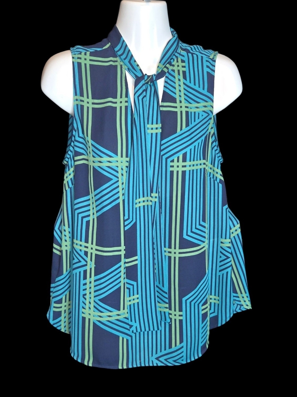 Halogen Geometric Tie-Neck Sleeveless Blouse in Navy, Teal & Lime Green